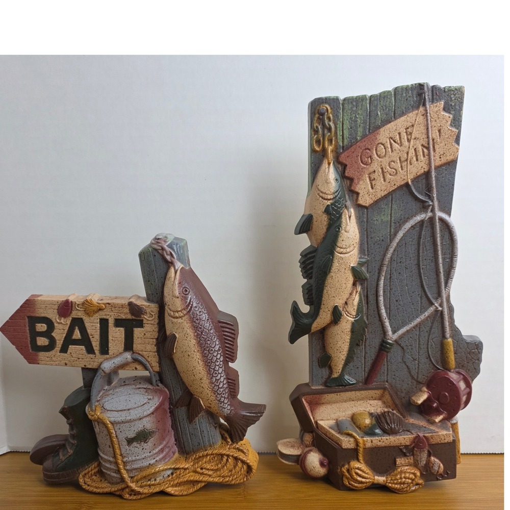 Vintage Home Interiors Fishing Wall Plaque Set 1998 Bait Gone Fishin Resin 5003